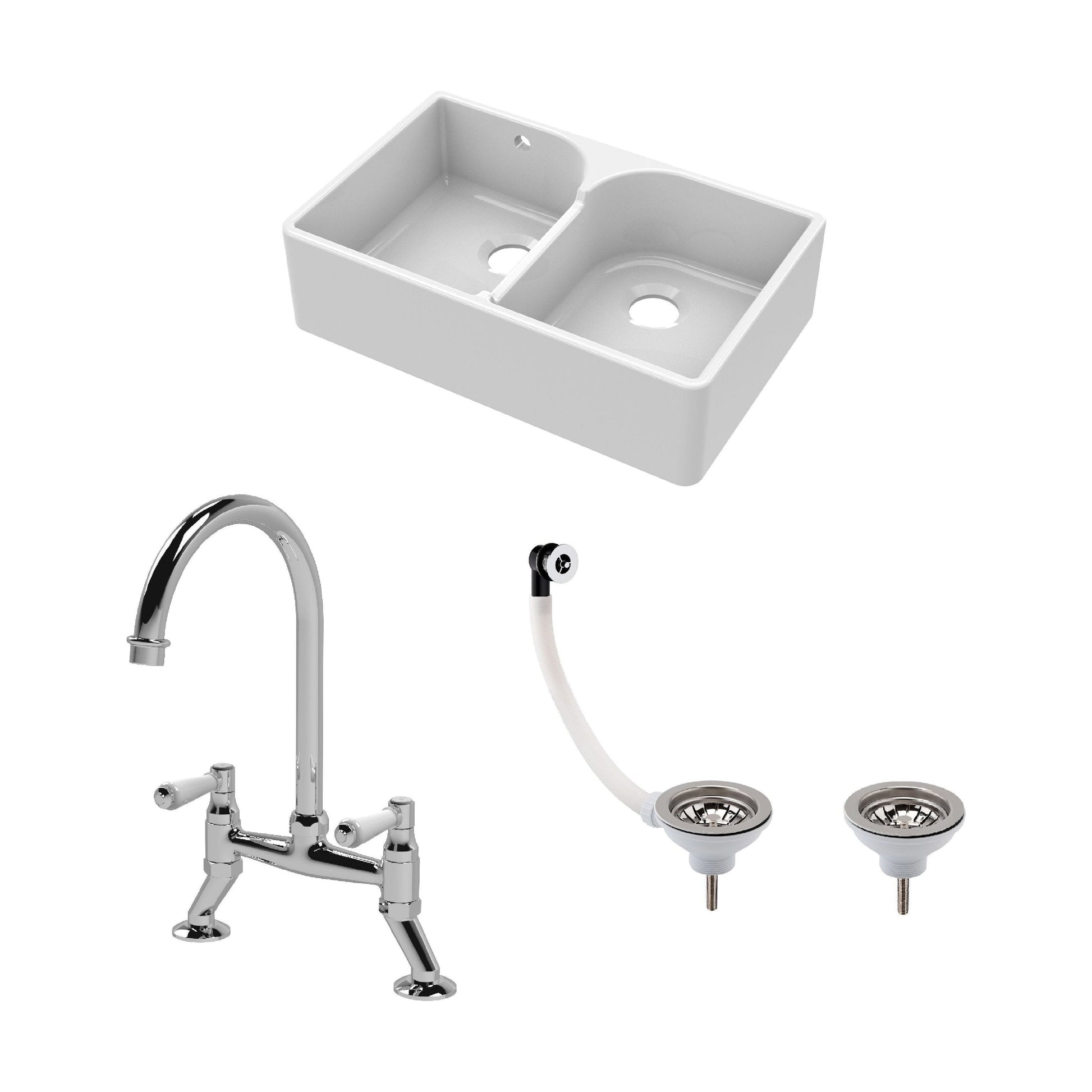 [BKS214WT5] Traditional Fireclay Kitchen Bundle: Double Bowl Stepped Weir Butler Sink, Compatible Wastes & Bridge Lever Tap, 795mm - Chrome - Cutout