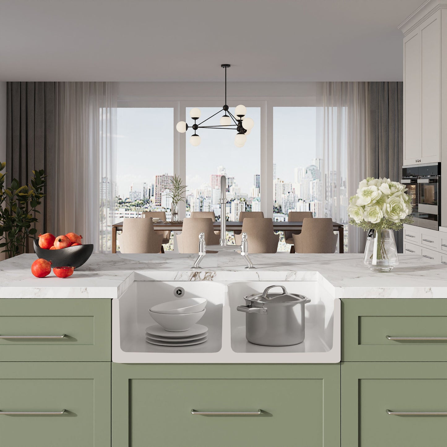 [BKS214WT5] Traditional Fireclay Kitchen Bundle: Double Bowl Stepped Weir Butler Sink, Compatible Wastes & Bridge Lever Tap, 795mm - Chrome - Lifestyle 1