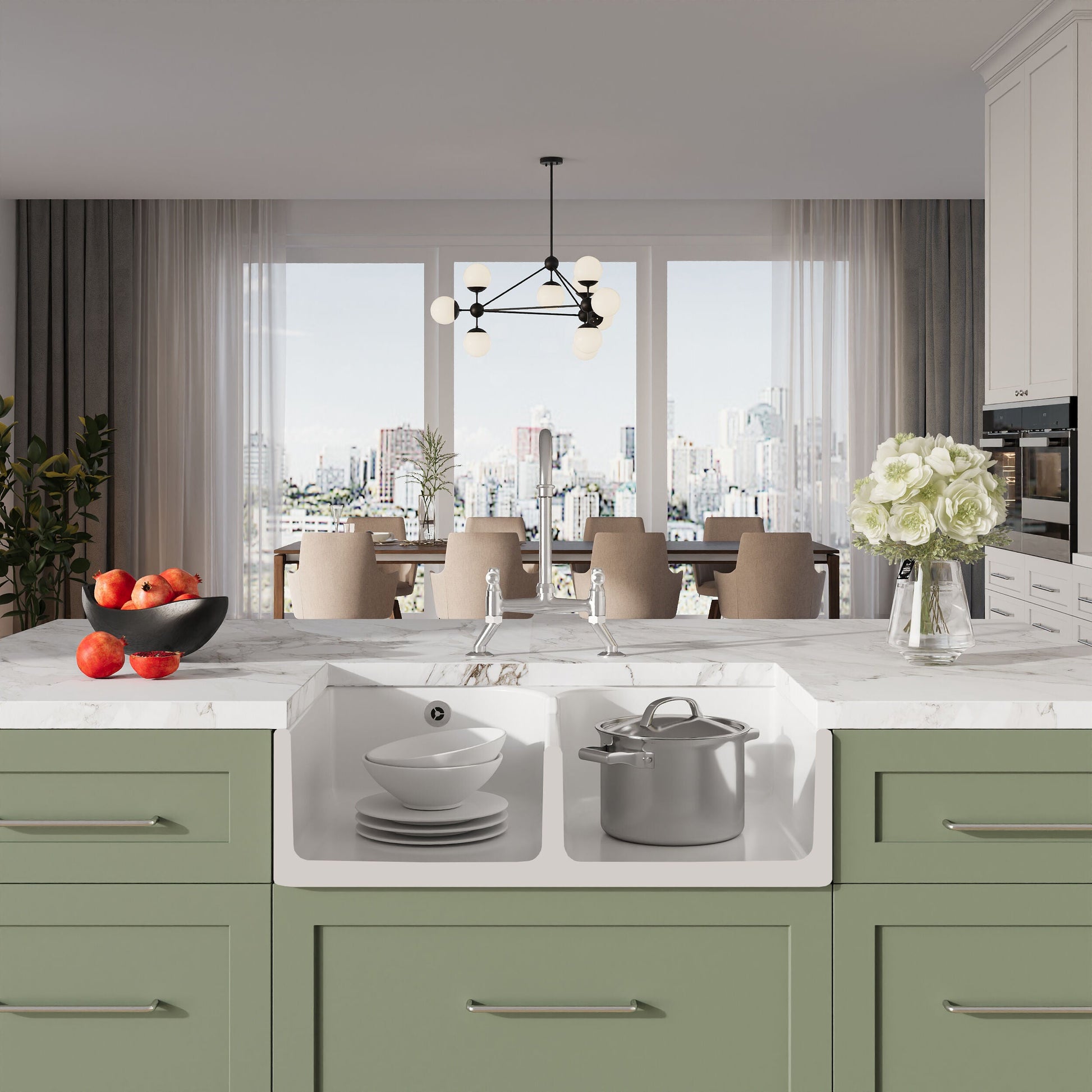 [BKS214WT5] Traditional Fireclay Kitchen Bundle: Double Bowl Stepped Weir Butler Sink, Compatible Wastes & Bridge Lever Tap, 795mm - Chrome - Lifestyle 1