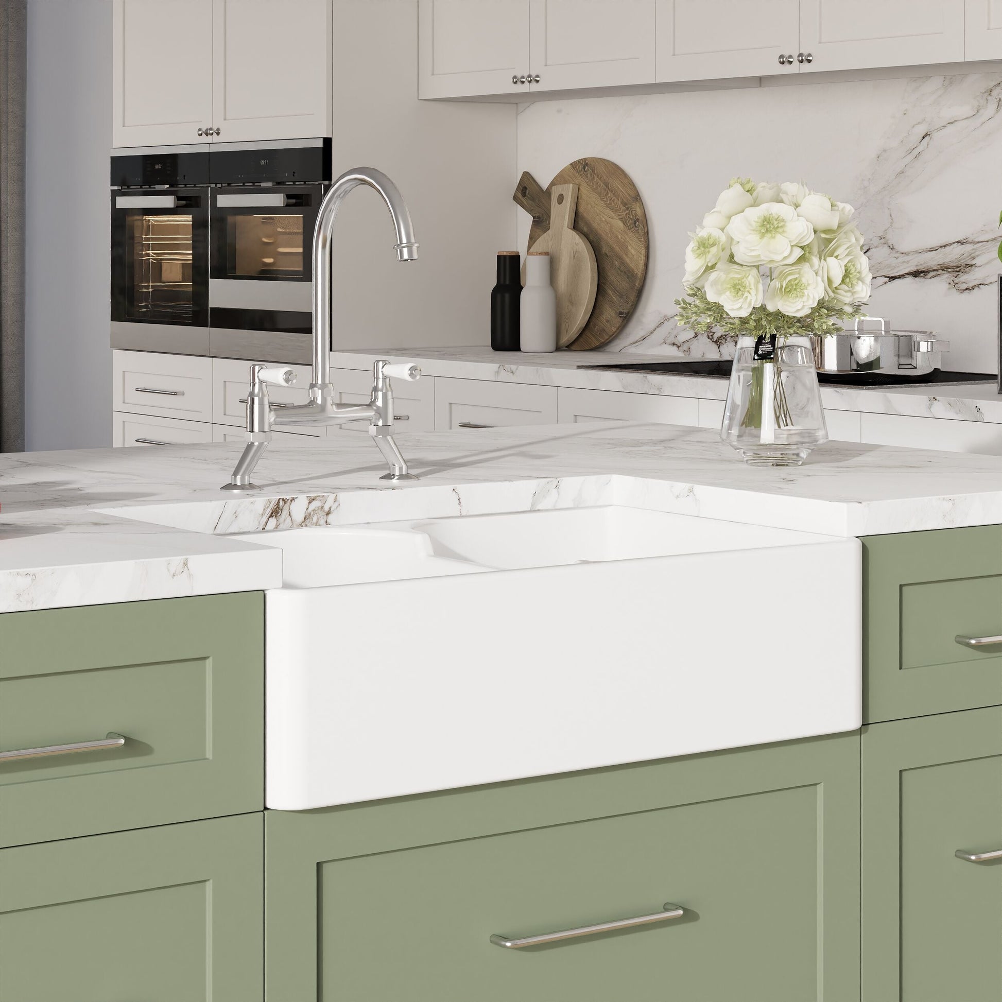 [BKS214WT5] Traditional Fireclay Kitchen Bundle: Double Bowl Stepped Weir Butler Sink, Compatible Wastes & Bridge Lever Tap, 795mm - Chrome - Lifestyle 3