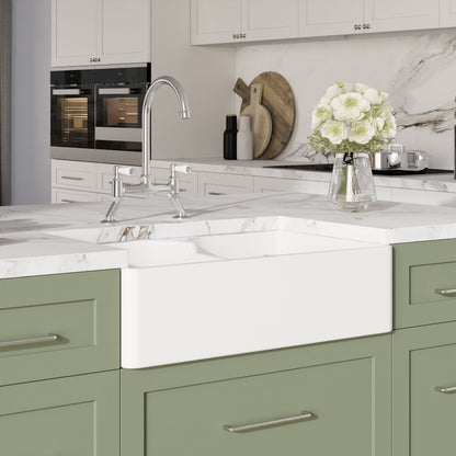 [BKS214WT5] Traditional Fireclay Kitchen Bundle: Double Bowl Stepped Weir Butler Sink, Compatible Wastes & Bridge Lever Tap, 795mm - Chrome - Lifestyle 3