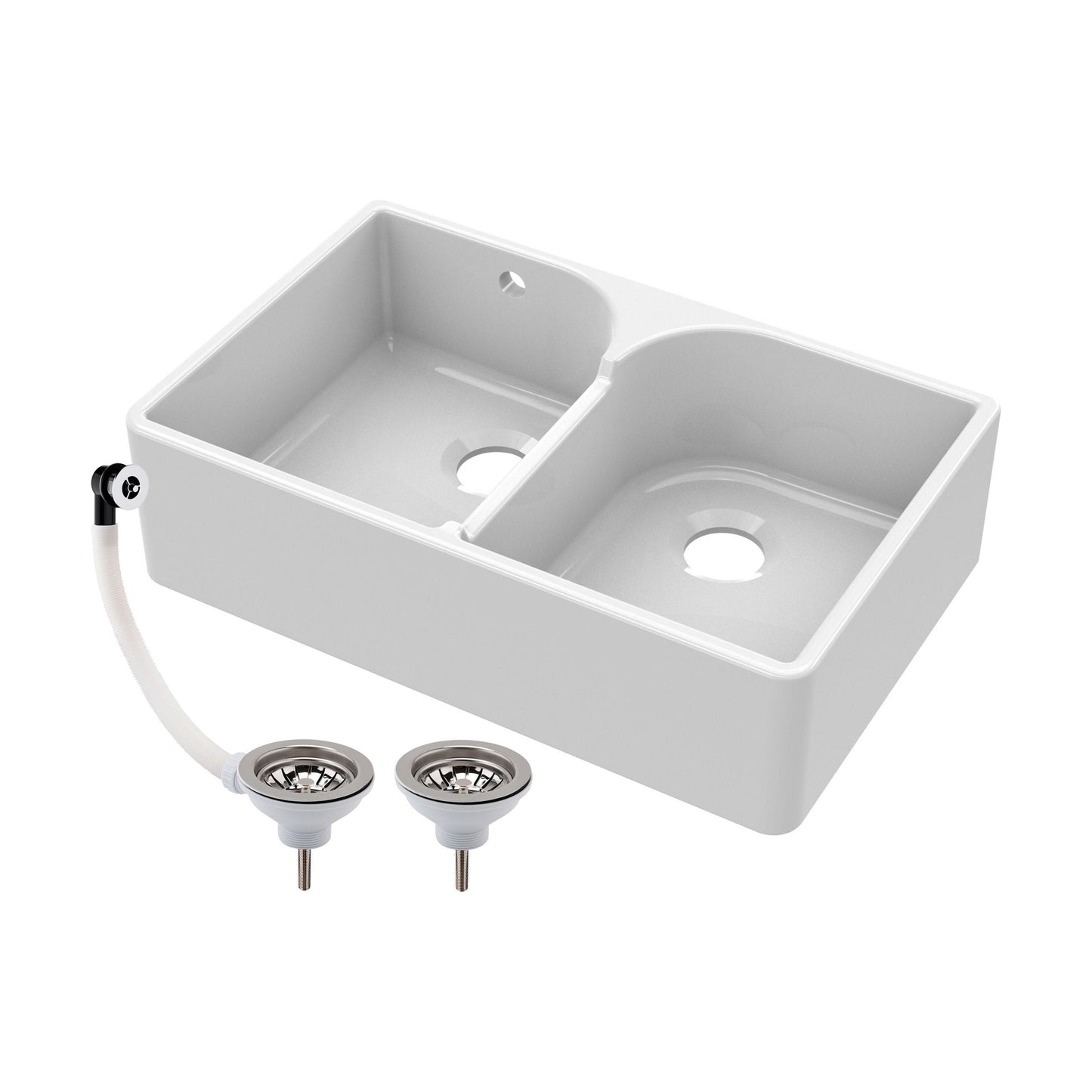 [BKS214W] Traditional Double Bowl Fireclay Ceramic Butler Kitchen Sink with Stepped Weir & Wastes - 795mm - Cutout