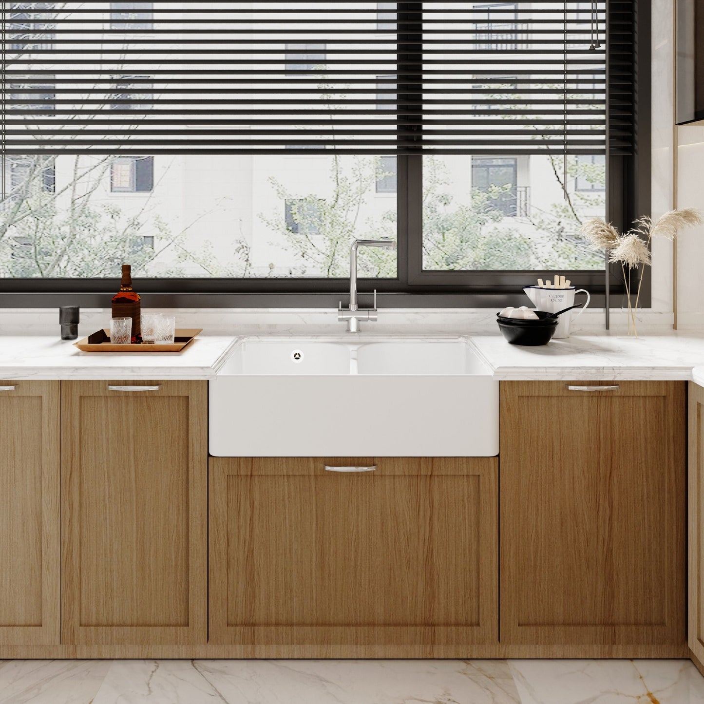 [BKS214W] Traditional Double Bowl Fireclay Ceramic Butler Kitchen Sink with Stepped Weir & Wastes - 795mm - Lifestyle 1