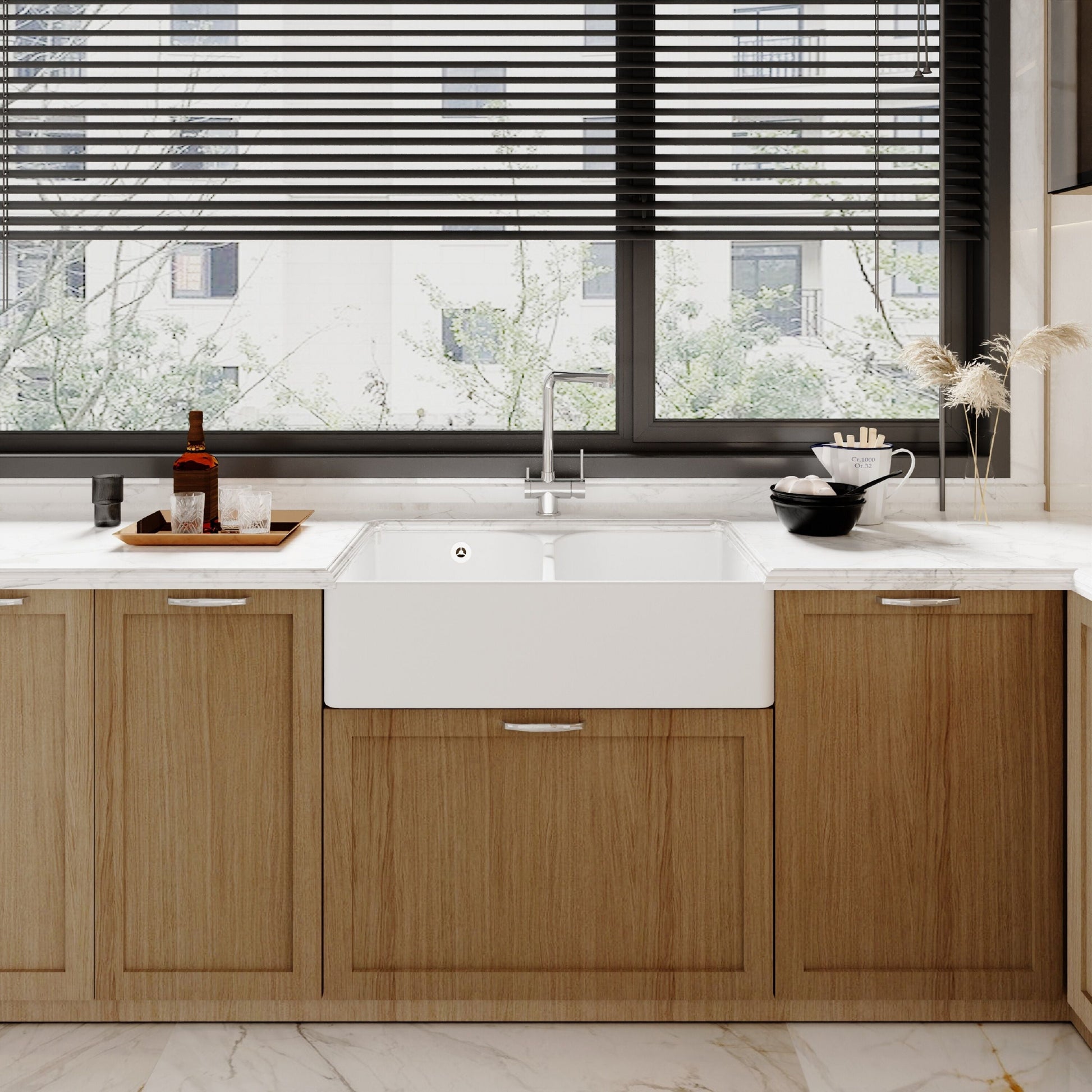 [BKS214W] Traditional Double Bowl Fireclay Ceramic Butler Kitchen Sink with Stepped Weir & Wastes - 795mm - Lifestyle 1