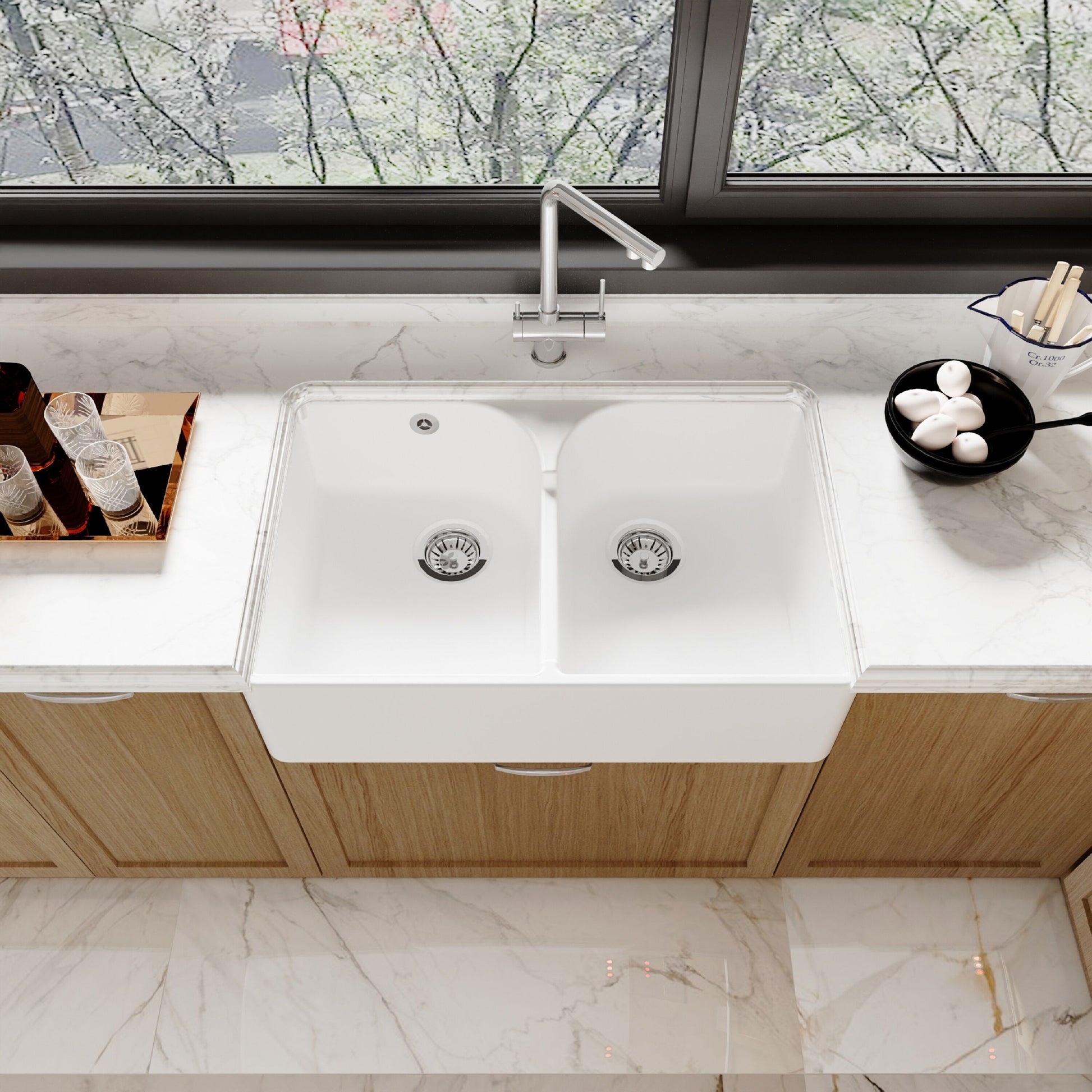 [BKS214W] Traditional Double Bowl Fireclay Ceramic Butler Kitchen Sink with Stepped Weir & Wastes - 795mm - Lifestyle 2