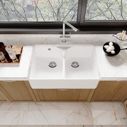[BKS214W] Traditional Double Bowl Fireclay Ceramic Butler Kitchen Sink with Stepped Weir & Wastes - 795mm - Lifestyle 2