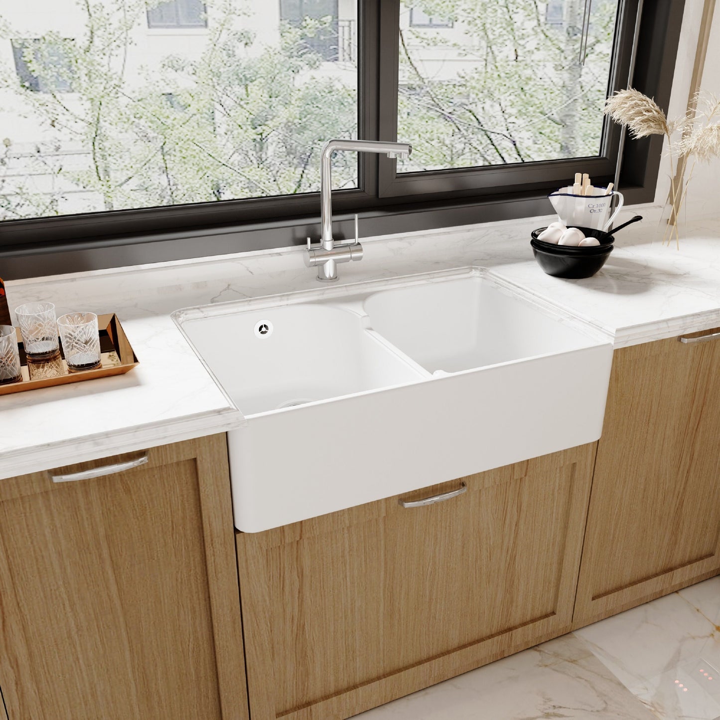 [BKS214W] Traditional Double Bowl Fireclay Ceramic Butler Kitchen Sink with Stepped Weir & Wastes - 795mm - Lifestyle 3