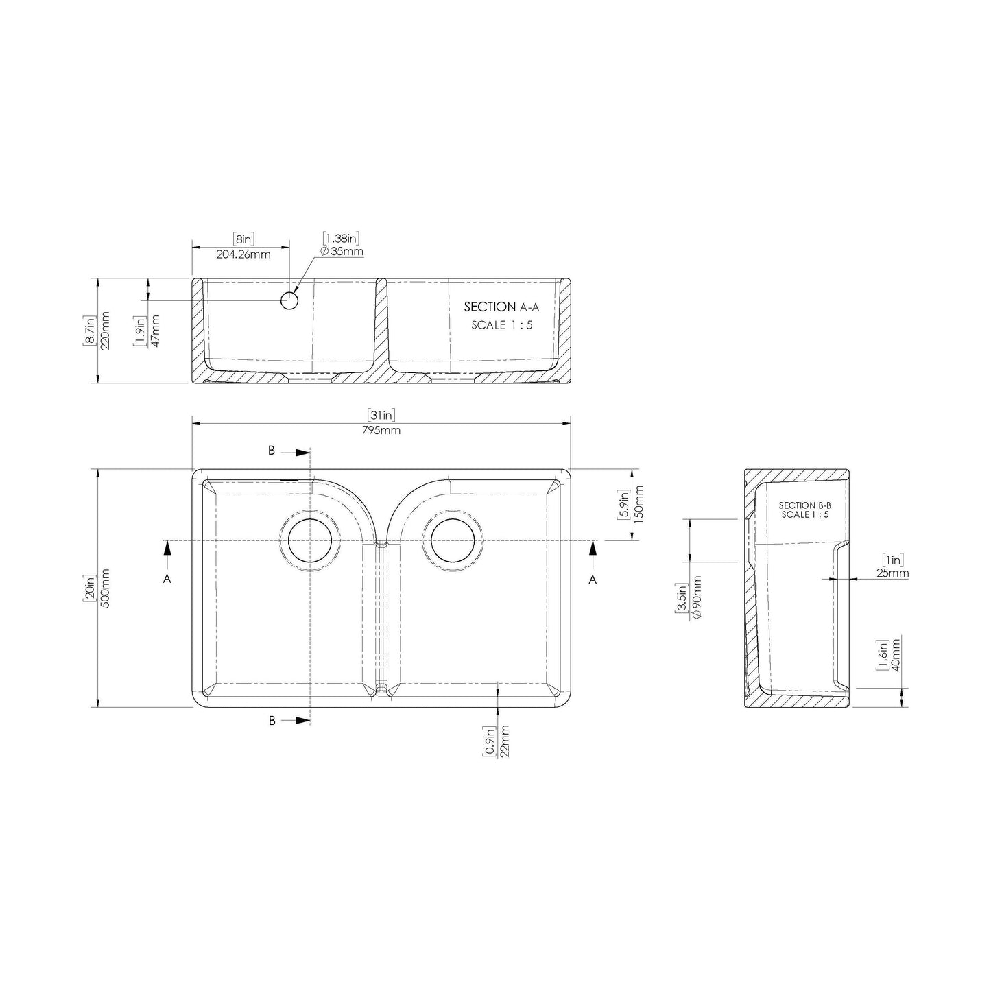 [BKS214] Traditional Double Bowl Fireclay Ceramic Butler Kitchen Sink with Stepped Weir and Overflow - 795mm - Technical Drawing