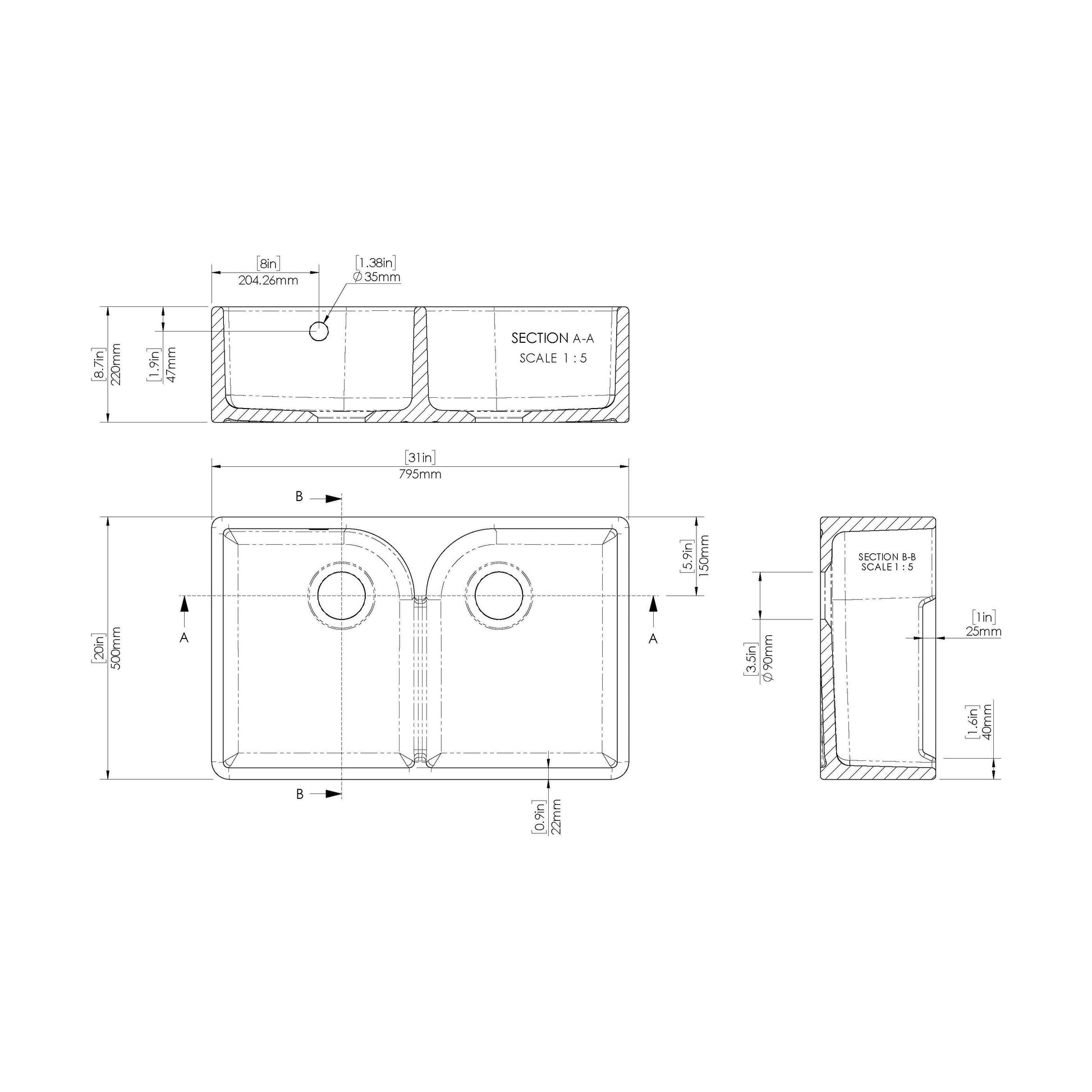 [BKS214] Traditional Double Bowl Fireclay Ceramic Butler Kitchen Sink with Stepped Weir and Overflow - 795mm - Technical Drawing