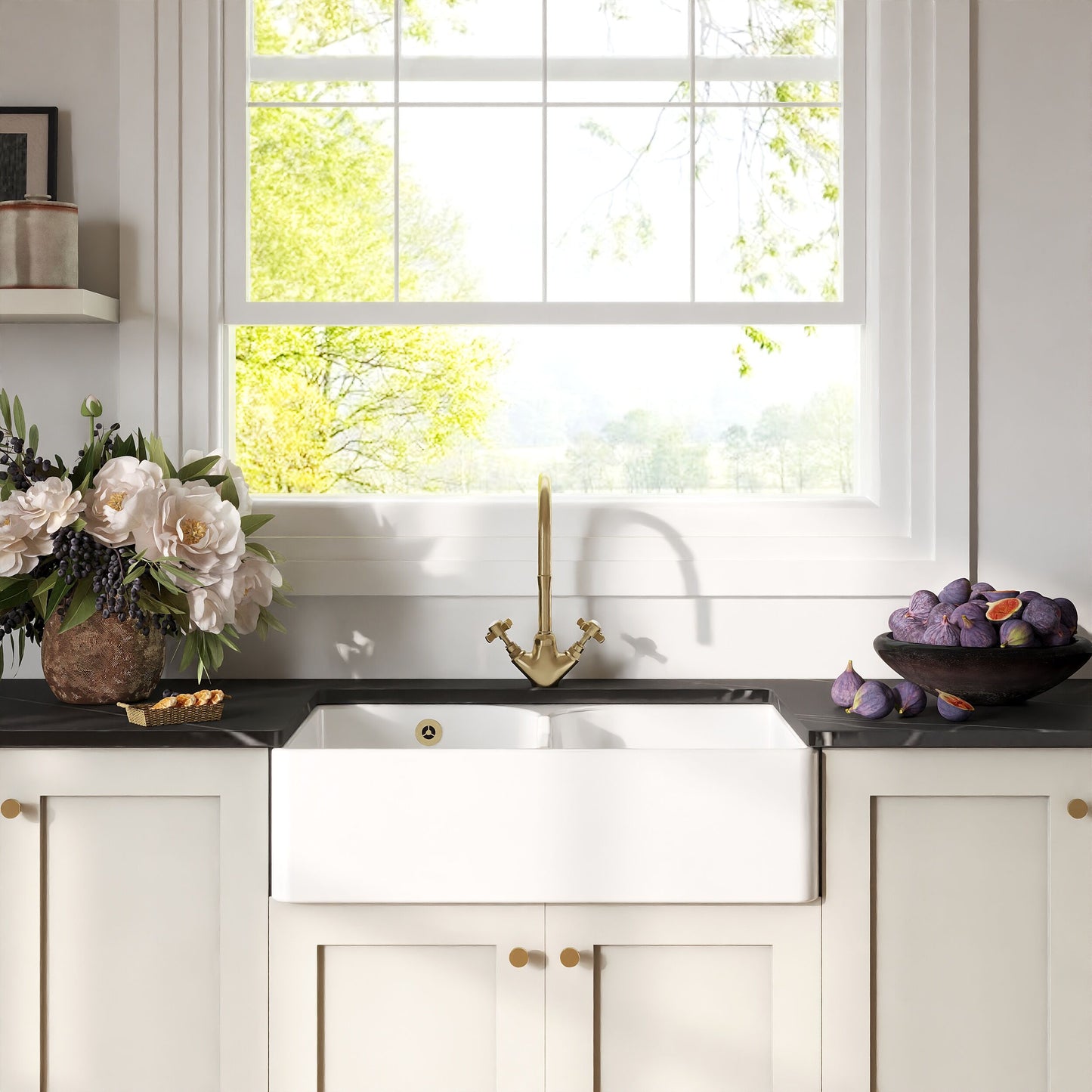 [BKS214] Traditional Double Bowl Fireclay Ceramic Butler Kitchen Sink with Stepped Weir and Overflow - 795mm - Lifestyle 1