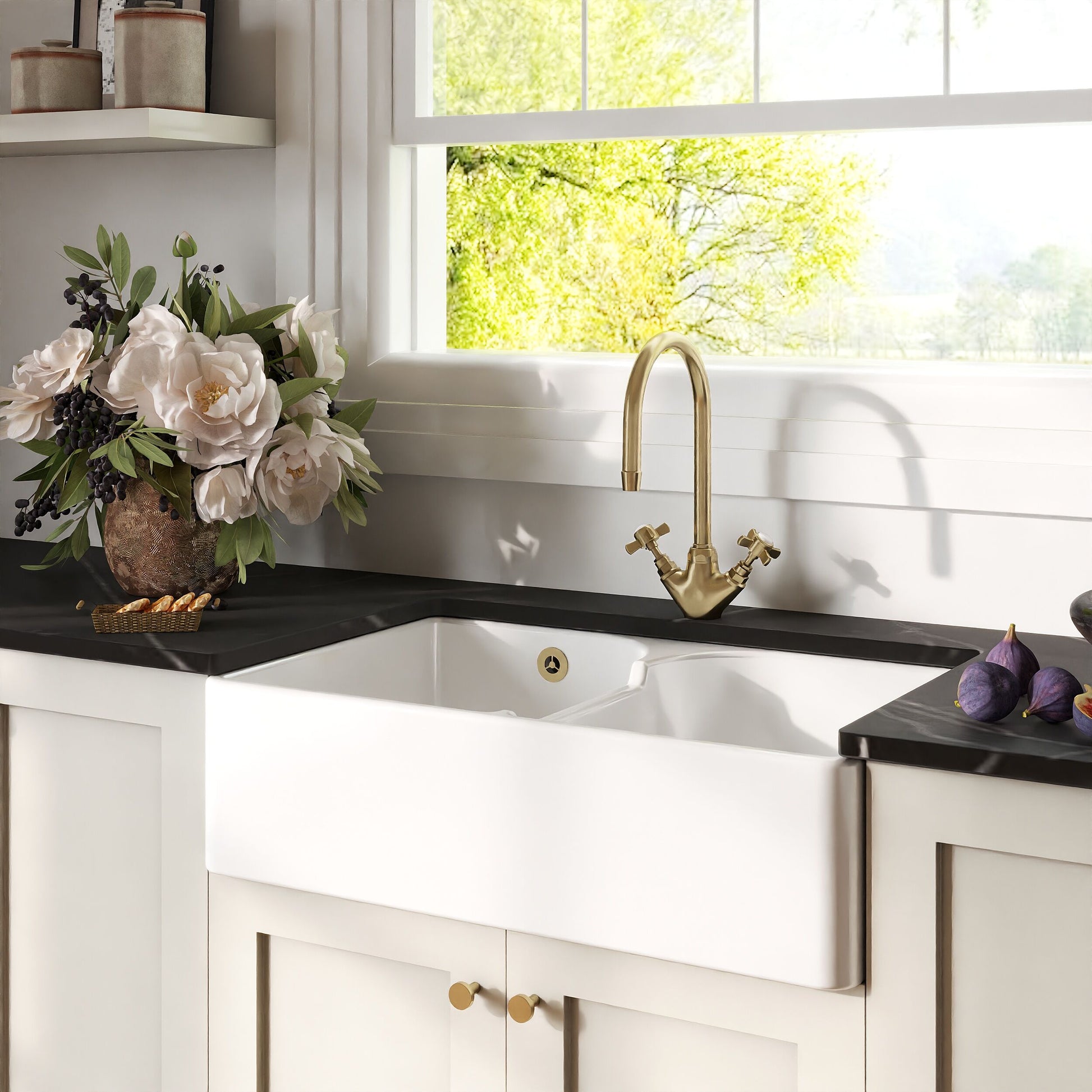 [BKS214] Traditional Double Bowl Fireclay Ceramic Butler Kitchen Sink with Stepped Weir and Overflow - 795mm - Lifestyle 3
