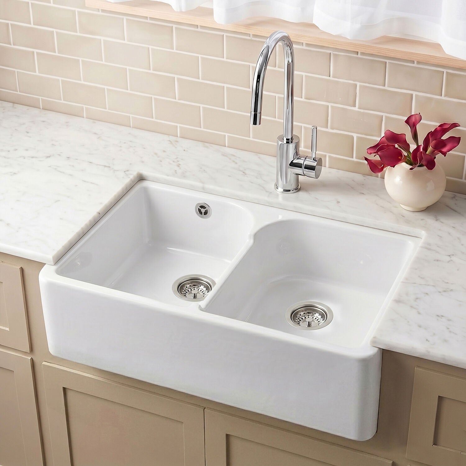 [BKS214] Traditional Double Bowl Fireclay Ceramic Butler Kitchen Sink with Stepped Weir and Overflow - 795mm - Silo