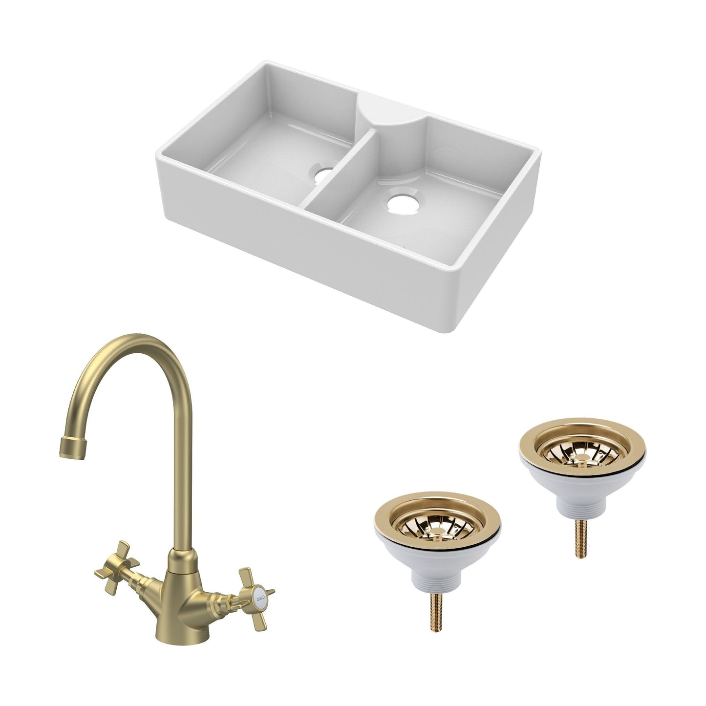 [BKS215WT11] Traditional Fireclay Kitchen Bundle: Double Bowl Butler Sink, Wastes & Mono Crosshead Tap, 895mm - Brushed Brass - Cutout