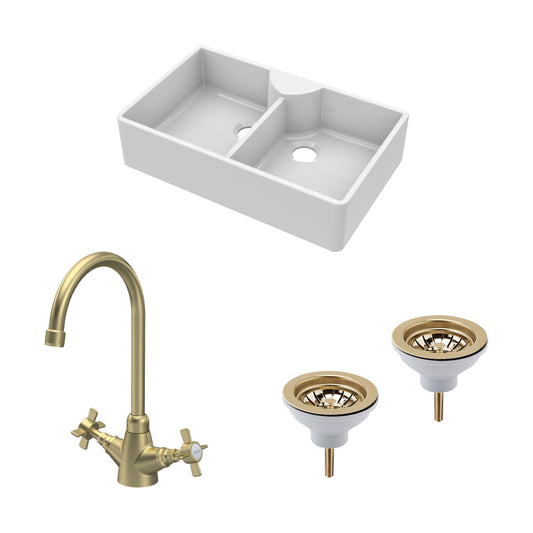 [BKS215WT11] Traditional Fireclay Kitchen Bundle: Double Bowl Butler Sink, Wastes & Mono Crosshead Tap, 895mm - Brushed Brass - Cutout