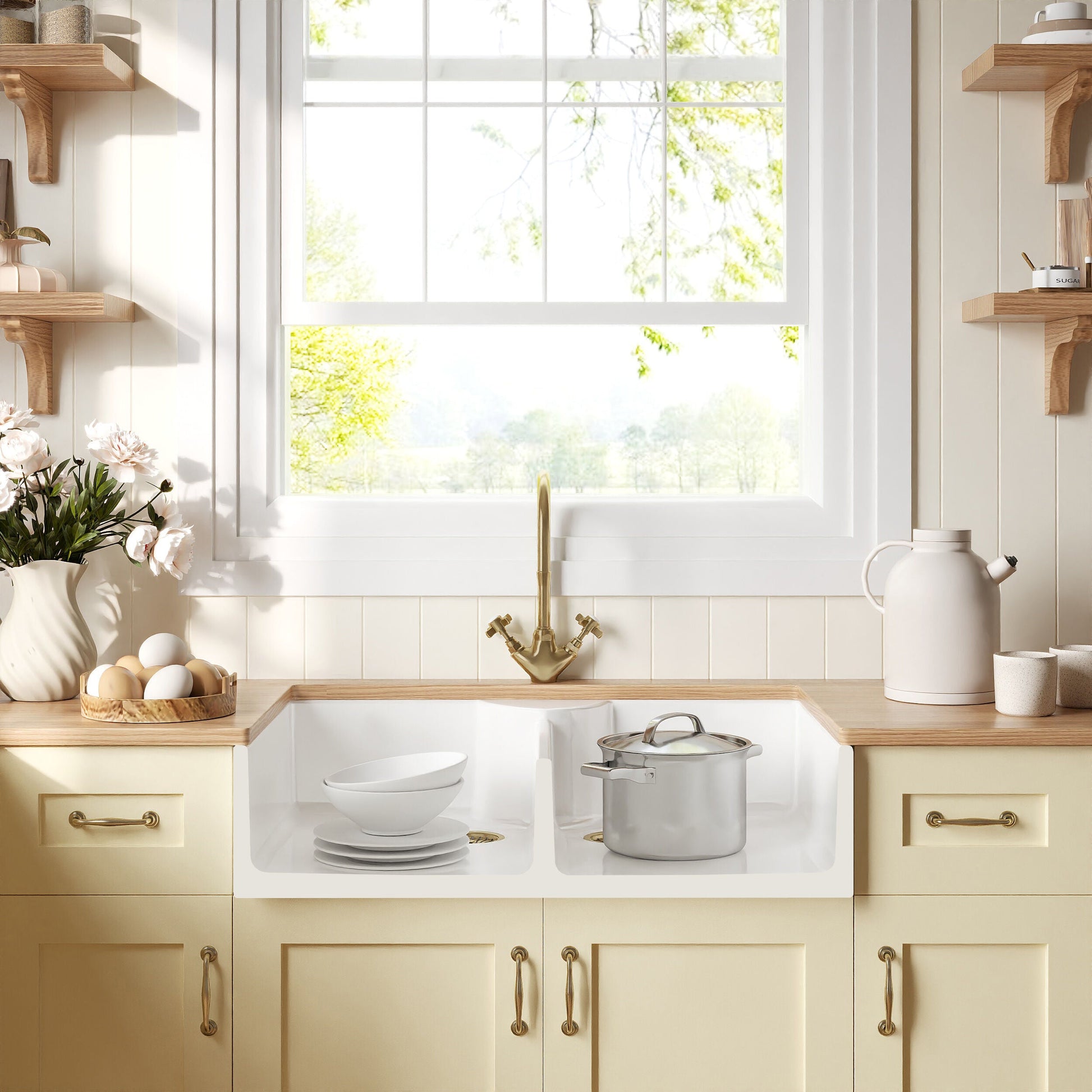 [BKS215WT11] Traditional Fireclay Kitchen Bundle: Double Bowl Butler Sink, Wastes & Mono Crosshead Tap, 895mm - Brushed Brass - Lifestyle 1
