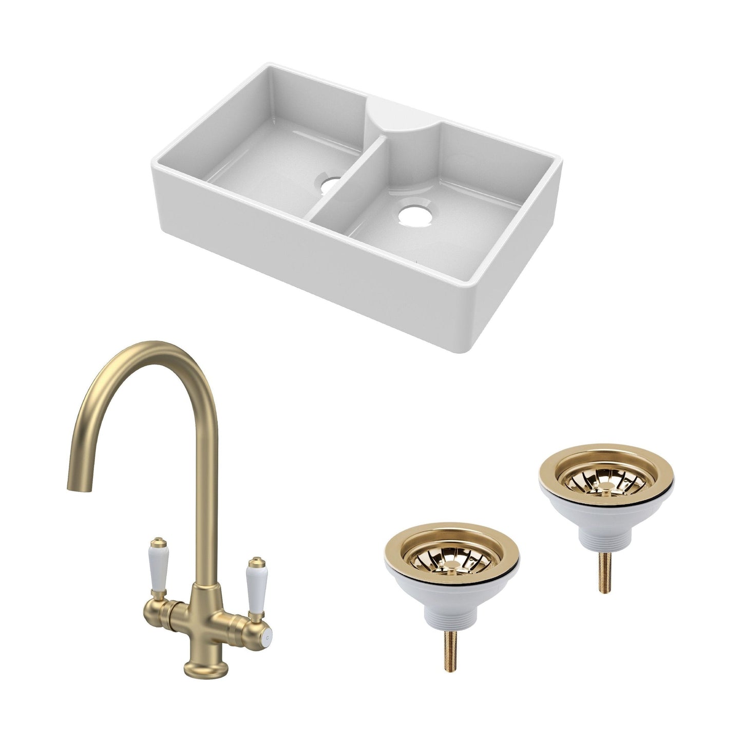 [BKS215WT12] Traditional Fireclay Kitchen Sink Bundle: Double Bowl Butler with 2 Wastes & Mono Lever Tap, 895mm - Brushed Brass - Cutout