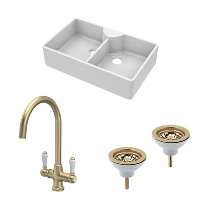 [BKS215WT12] Traditional Fireclay Kitchen Sink Bundle: Double Bowl Butler with 2 Wastes & Mono Lever Tap, 895mm - Brushed Brass - Cutout