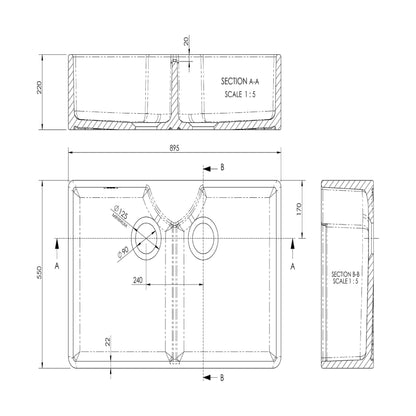 [BKS215WT12] Traditional Fireclay Kitchen Sink Bundle: Double Bowl Butler with 2 Wastes & Mono Lever Tap, 895mm - Brushed Brass - Technical Drawing