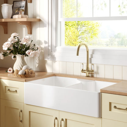 [BKS215WT12] Traditional Fireclay Kitchen Sink Bundle: Double Bowl Butler with 2 Wastes & Mono Lever Tap, 895mm - Brushed Brass - Lifestyle 3