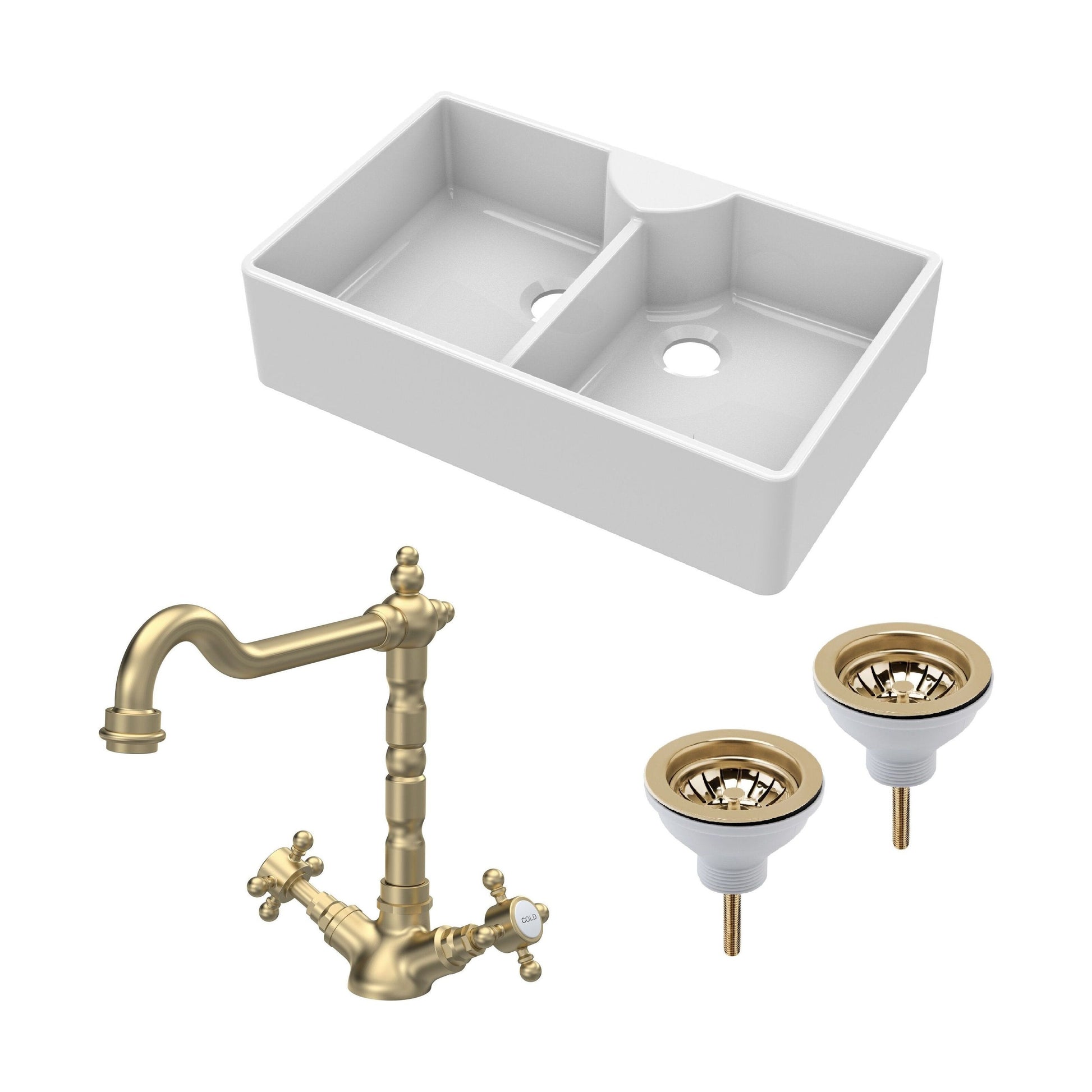 [BKS215WT13] Traditional Fireclay Kitchen Bundle: Double Bowl Butler Sink, Wastes & French Classic Tap, 895mm - Brushed Brass - Cutout