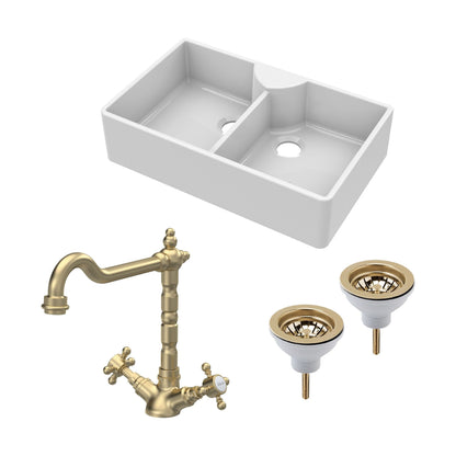 [BKS215WT13] Traditional Fireclay Kitchen Bundle: Double Bowl Butler Sink, Wastes & French Classic Tap, 895mm - Brushed Brass - Cutout