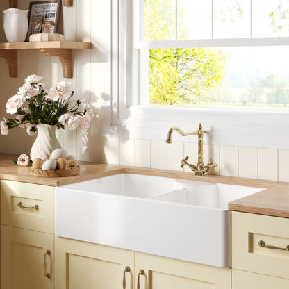 [BKS215WT13] Traditional Fireclay Kitchen Bundle: Double Bowl Butler Sink, Wastes & French Classic Tap, 895mm - Brushed Brass - Lifestyle 3