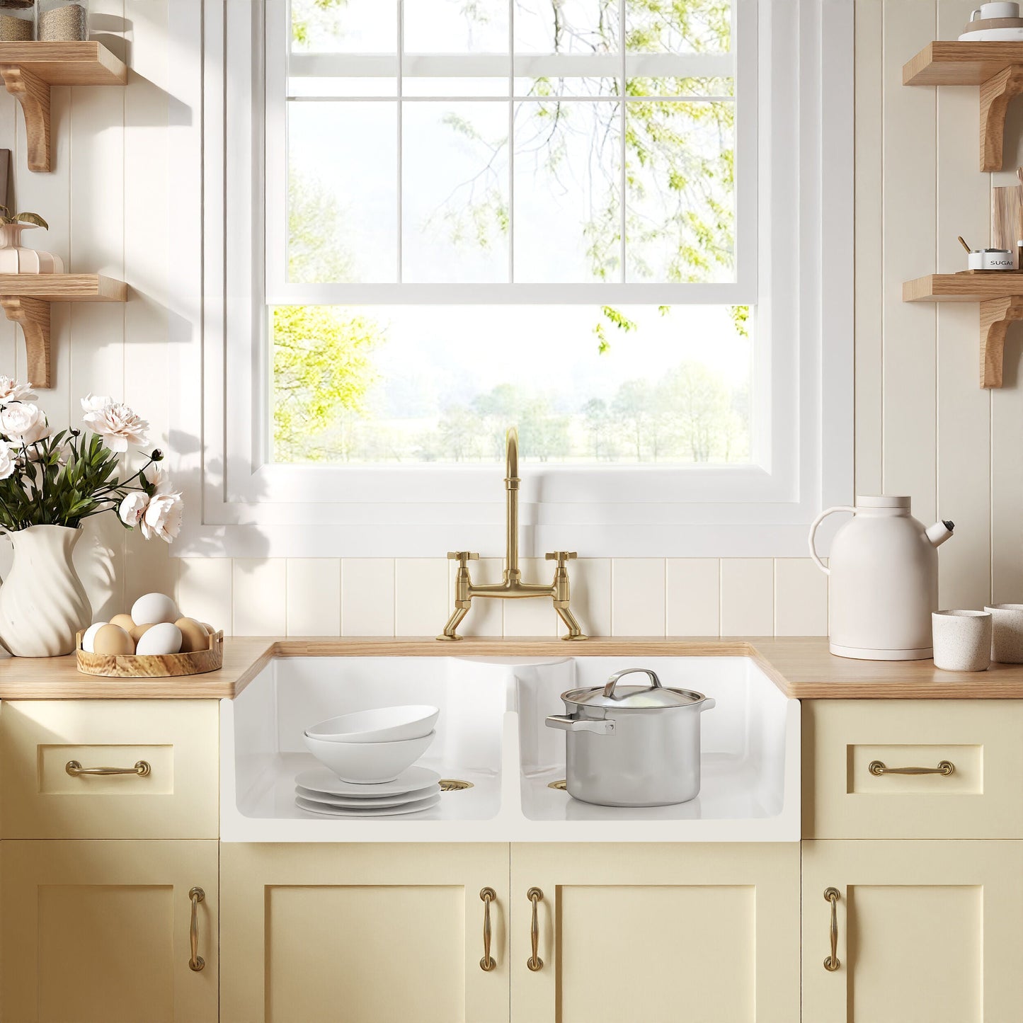 [BKS215WT14] Traditional Fireclay Kitchen Bundle: Double Bowl Butler Sink, Wastes & Bridge Crosshead Tap, 895mm - Brushed Brass - Lifestyle 1