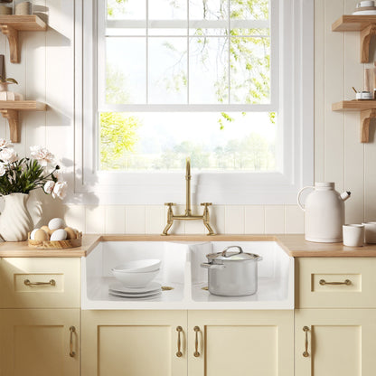 [BKS215WT14] Traditional Fireclay Kitchen Bundle: Double Bowl Butler Sink, Wastes & Bridge Crosshead Tap, 895mm - Brushed Brass - Lifestyle 1