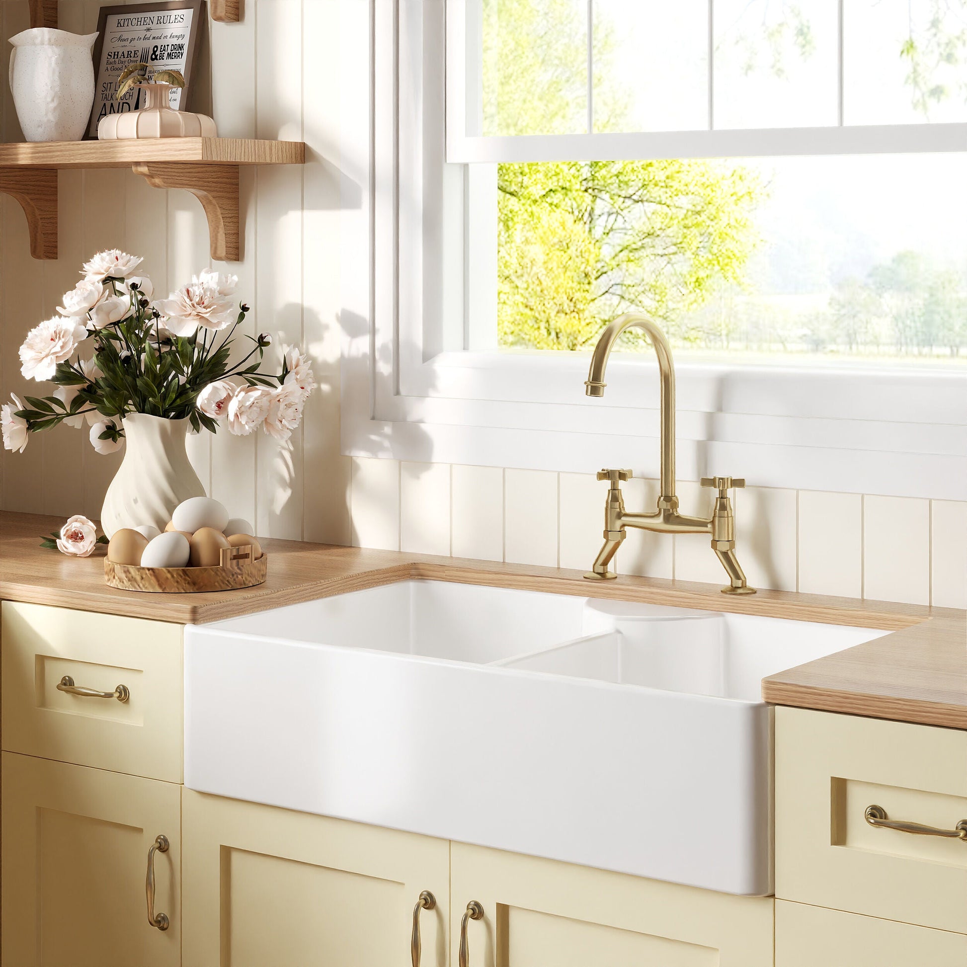 [BKS215WT14] Traditional Fireclay Kitchen Bundle: Double Bowl Butler Sink, Wastes & Bridge Crosshead Tap, 895mm - Brushed Brass - Lifestyle 3