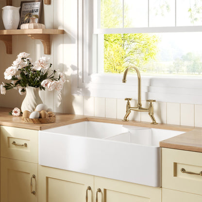 [BKS215WT14] Traditional Fireclay Kitchen Bundle: Double Bowl Butler Sink, Wastes & Bridge Crosshead Tap, 895mm - Brushed Brass - Lifestyle 3