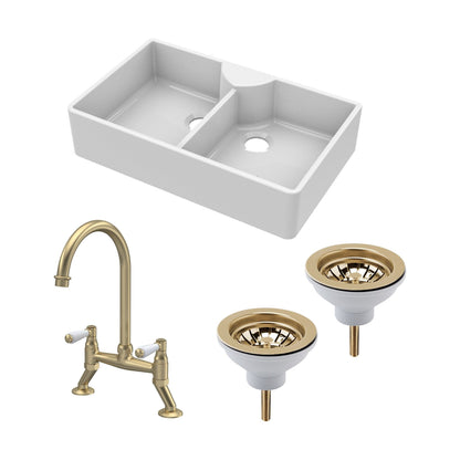 [BKS215WT15] Traditional Fireclay Kitchen Bundle:  2 Bowl Butler Sink, 2 x Wastes & Bridge Lever Tap, 895mm - Brushed Brass - Cutout
