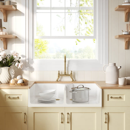 [BKS215WT15] Traditional Fireclay Kitchen Bundle:  2 Bowl Butler Sink, 2 x Wastes & Bridge Lever Tap, 895mm - Brushed Brass - Lifestyle 1
