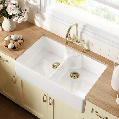 [BKS215WT15] Traditional Fireclay Kitchen Bundle:  2 Bowl Butler Sink, 2 x Wastes & Bridge Lever Tap, 895mm - Brushed Brass - Lifestyle 2