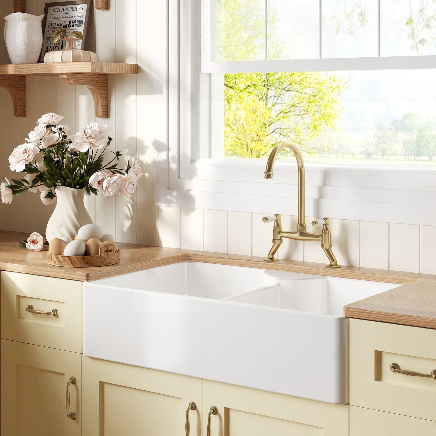 [BKS215WT15] Traditional Fireclay Kitchen Bundle:  2 Bowl Butler Sink, 2 x Wastes & Bridge Lever Tap, 895mm - Brushed Brass - Lifestyle 3
