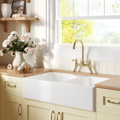 [BKS215WT15] Traditional Fireclay Kitchen Bundle:  2 Bowl Butler Sink, 2 x Wastes & Bridge Lever Tap, 895mm - Brushed Brass - Lifestyle 3