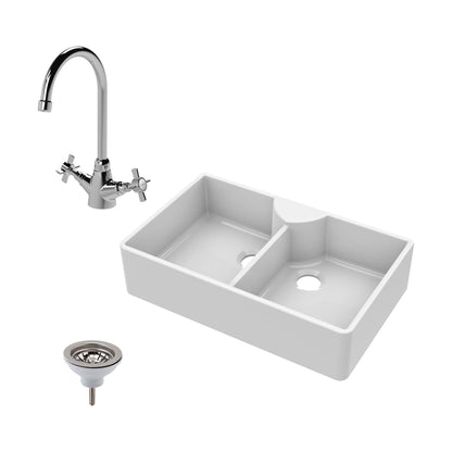 [BKS215WT2] Traditional Double Bowl Fireclay Ceramic Butler Kitchen Sink Bundle with Stepped Weir, Mixer Tap & Wastes - 895mm - Cutout