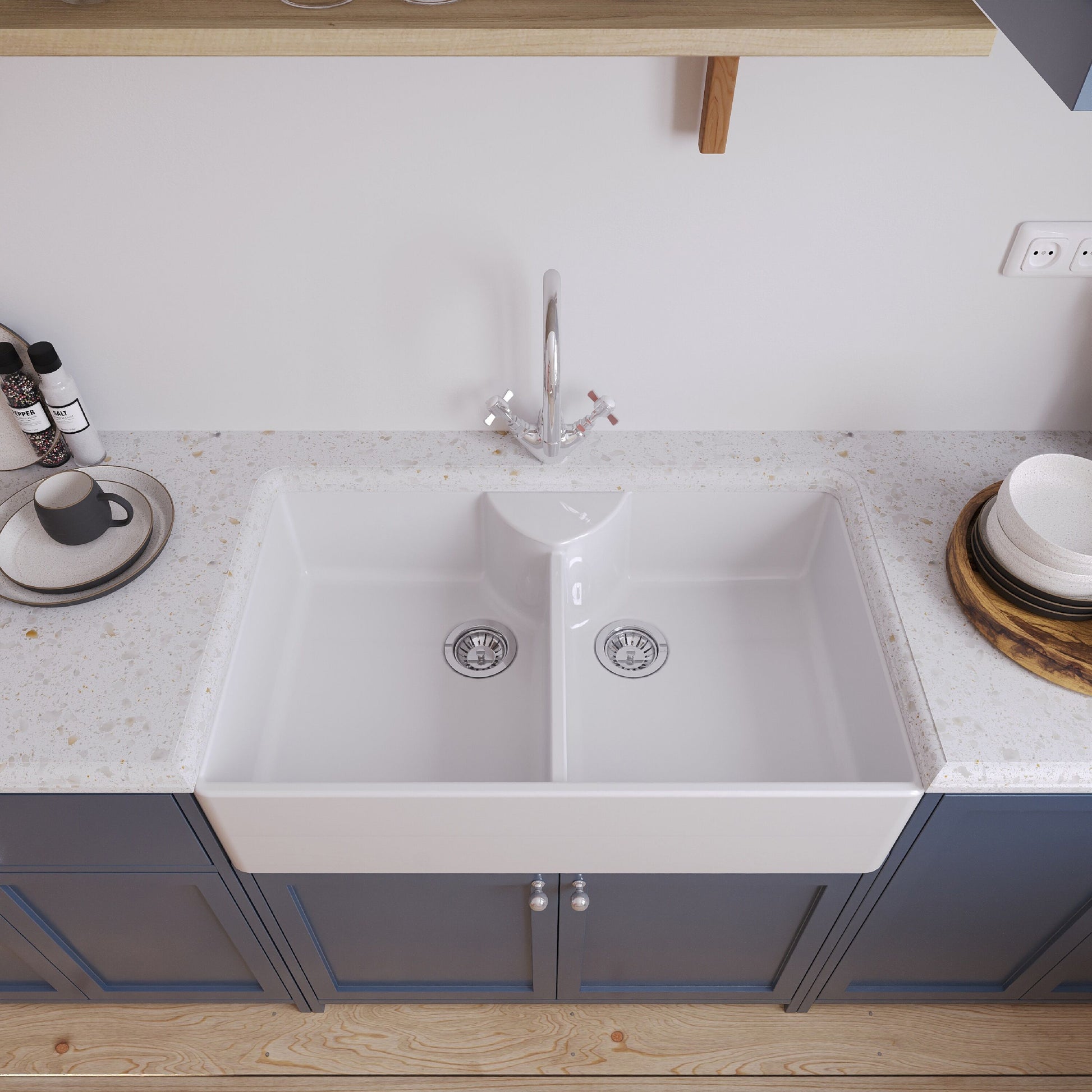 [BKS215WT2] Traditional Double Bowl Fireclay Ceramic Butler Kitchen Sink Bundle with Stepped Weir, Mixer Tap & Wastes - 895mm - Lifestyle 2