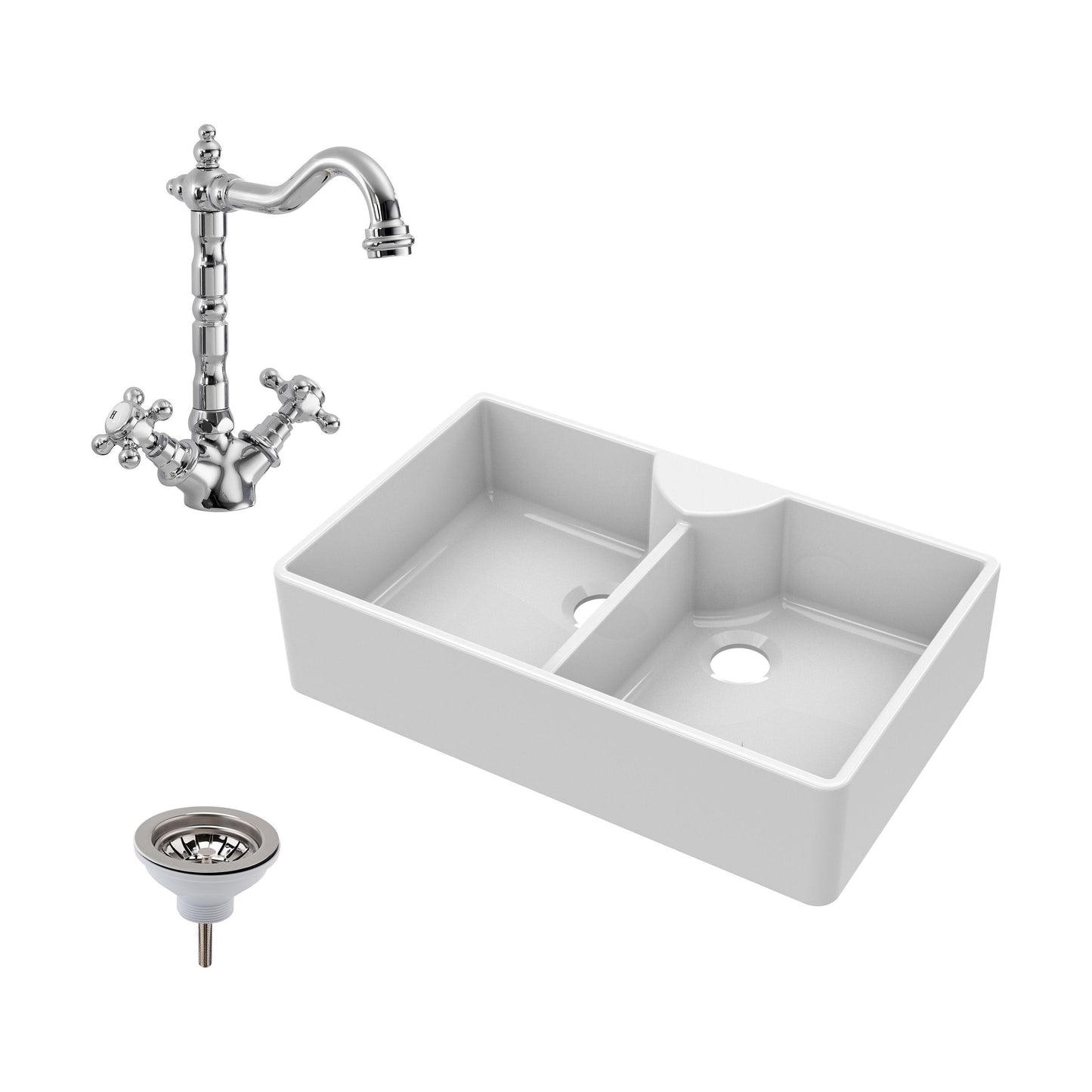 [BKS215WT4] Traditional Double Bowl Fireclay Ceramic Butler Kitchen Sink Bundle with Stepped Weir, Classic Tap & Wastes - 895mm - Cutout