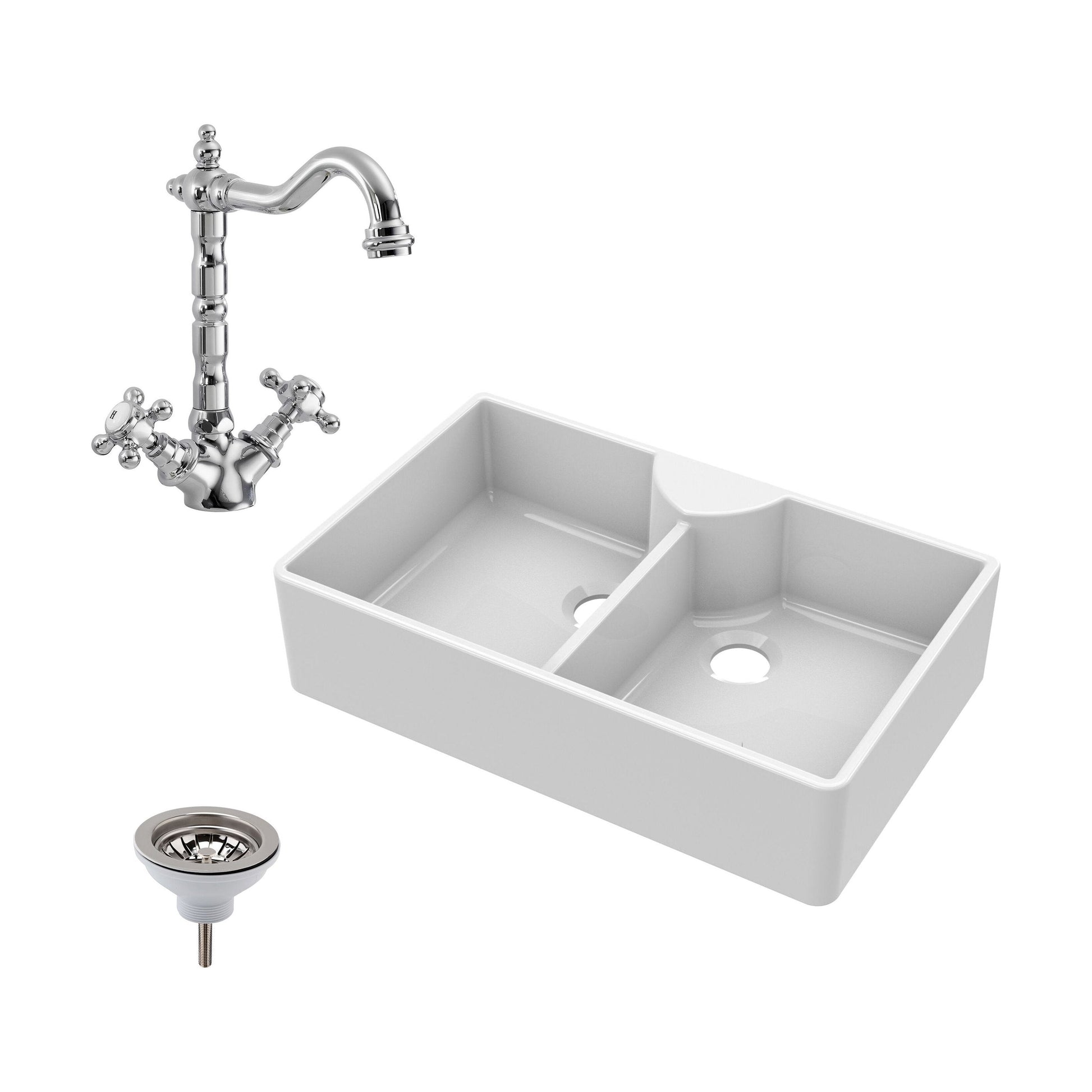 [BKS215WT4] Traditional Double Bowl Fireclay Ceramic Butler Kitchen Sink Bundle with Stepped Weir, Classic Tap & Wastes - 895mm - Cutout