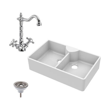[BKS215WT4] Traditional Double Bowl Fireclay Ceramic Butler Kitchen Sink Bundle with Stepped Weir, Classic Tap & Wastes - 895mm - Cutout