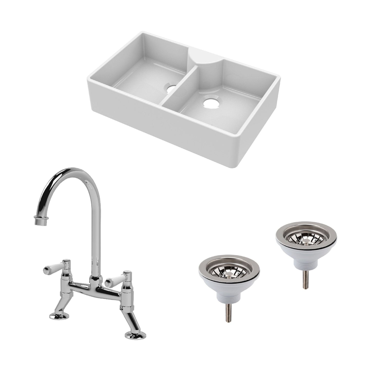 [BKS215WT5] Traditional Fireclay Kitchen Bundle: Double Bowl Butler Sink, Wastes & Bridge Lever Tap, 895mm - Chrome - Cutout