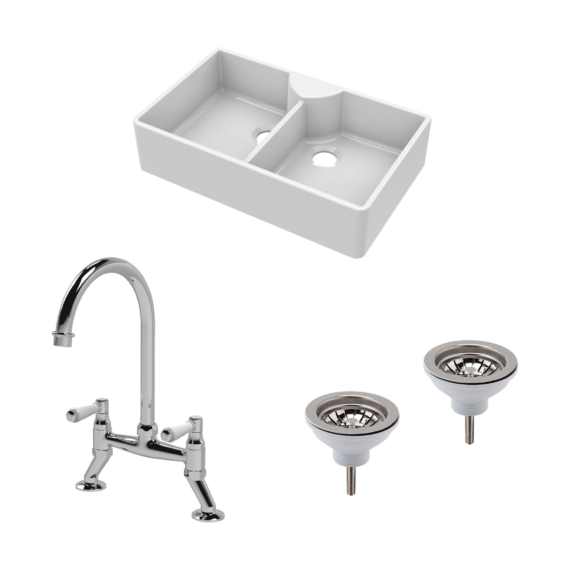 [BKS215WT5] Traditional Fireclay Kitchen Bundle: Double Bowl Butler Sink, Wastes & Bridge Lever Tap, 895mm - Chrome - Cutout