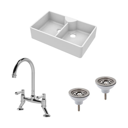 [BKS215WT5] Traditional Fireclay Kitchen Bundle: Double Bowl Butler Sink, Wastes & Bridge Lever Tap, 895mm - Chrome - Cutout