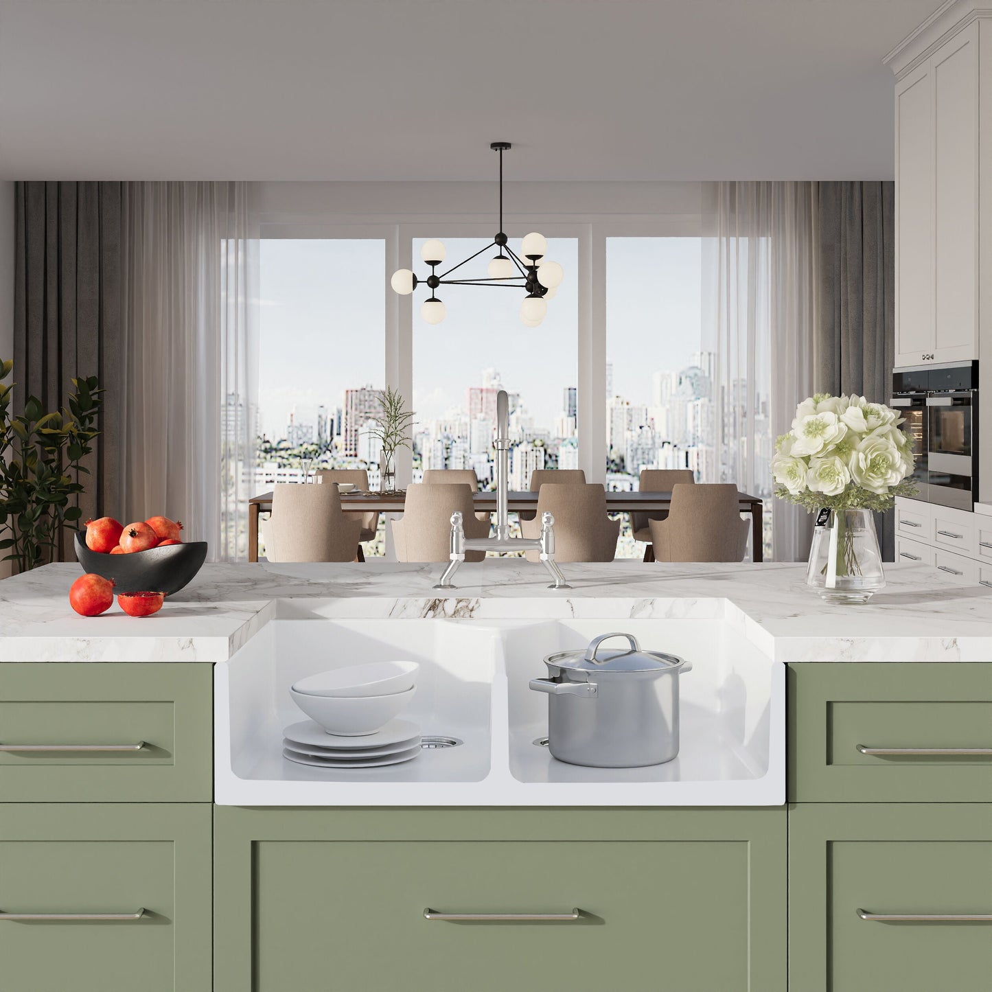 [BKS215WT5] Traditional Fireclay Kitchen Bundle: Double Bowl Butler Sink, Wastes & Bridge Lever Tap, 895mm - Chrome - Lifestyle 1