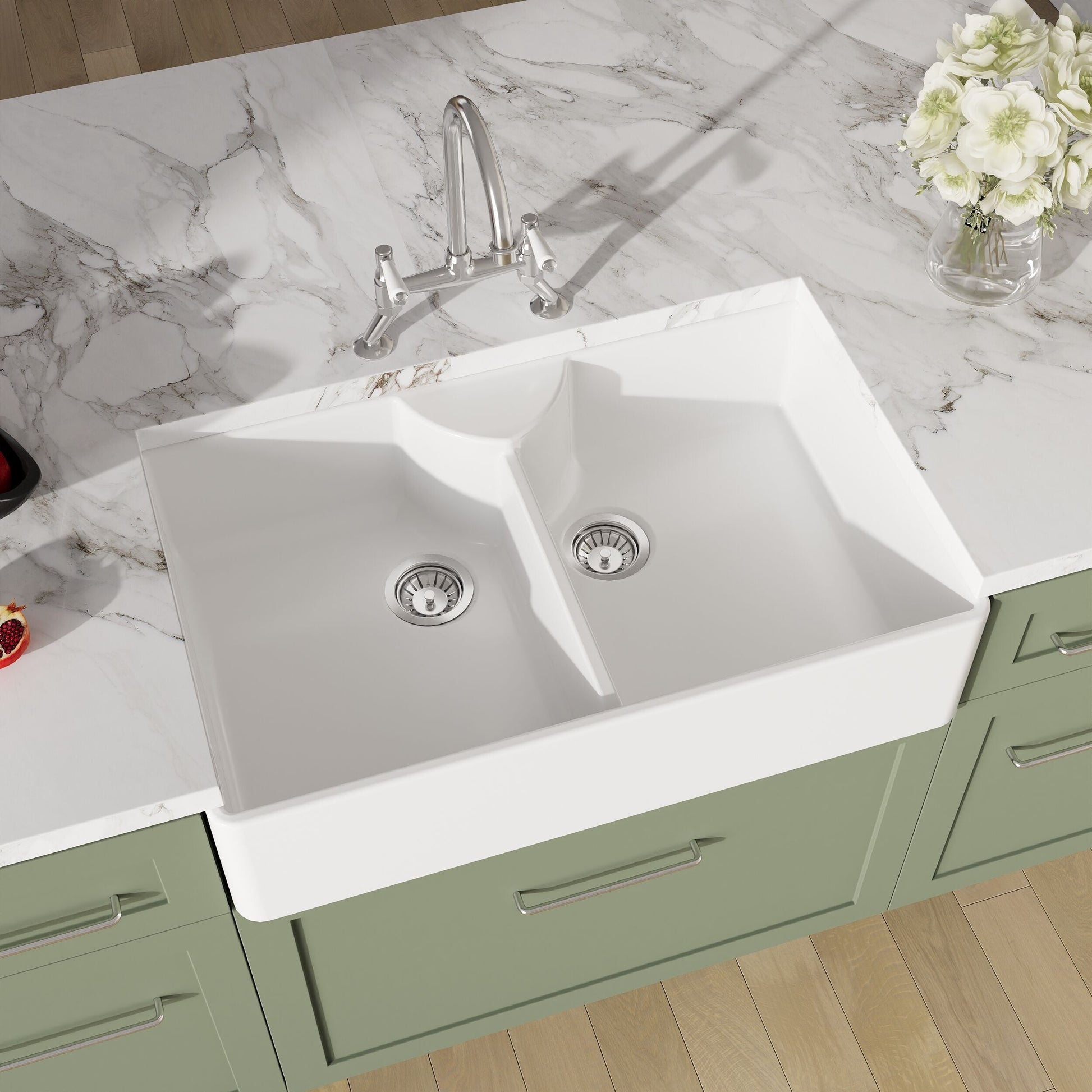 [BKS215WT5] Traditional Fireclay Kitchen Bundle: Double Bowl Butler Sink, Wastes & Bridge Lever Tap, 895mm - Chrome - Lifestyle 2