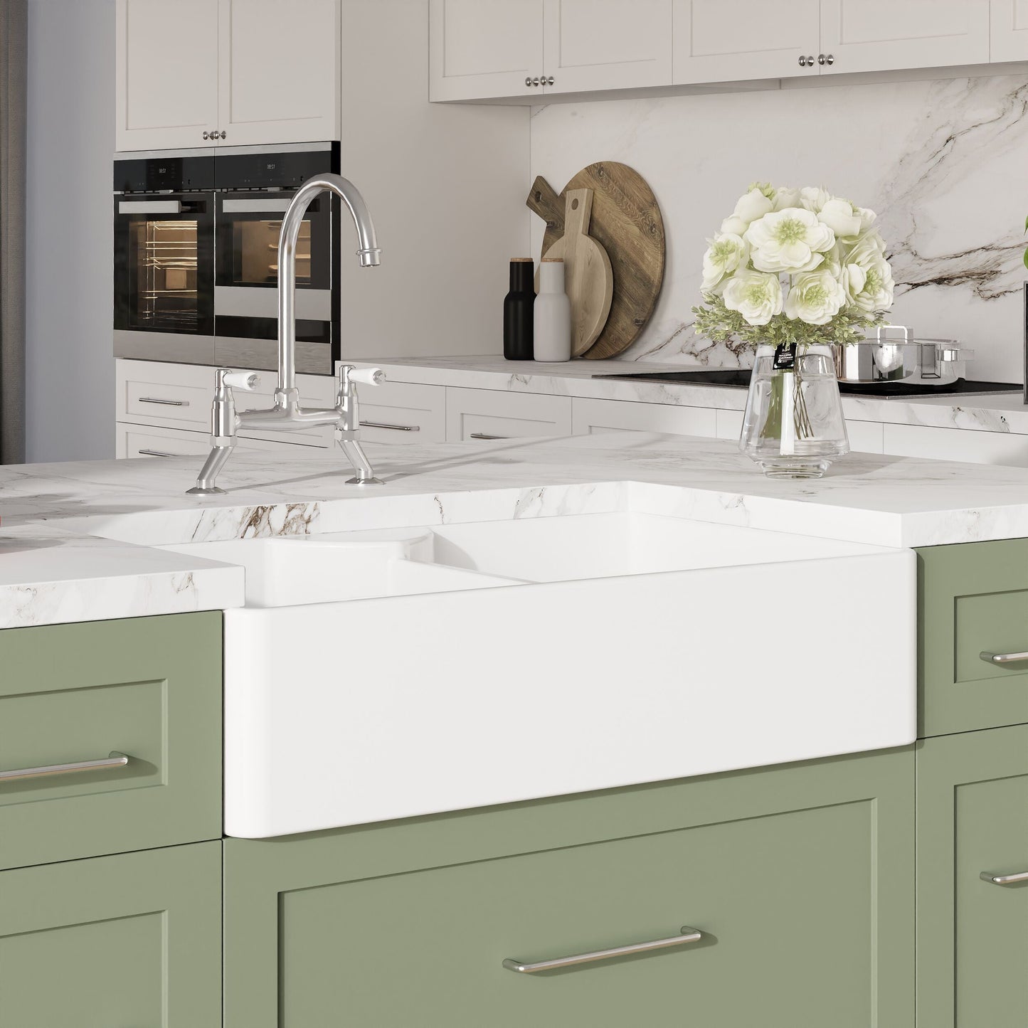 [BKS215WT5] Traditional Fireclay Kitchen Bundle: Double Bowl Butler Sink, Wastes & Bridge Lever Tap, 895mm - Chrome - Lifestyle 3