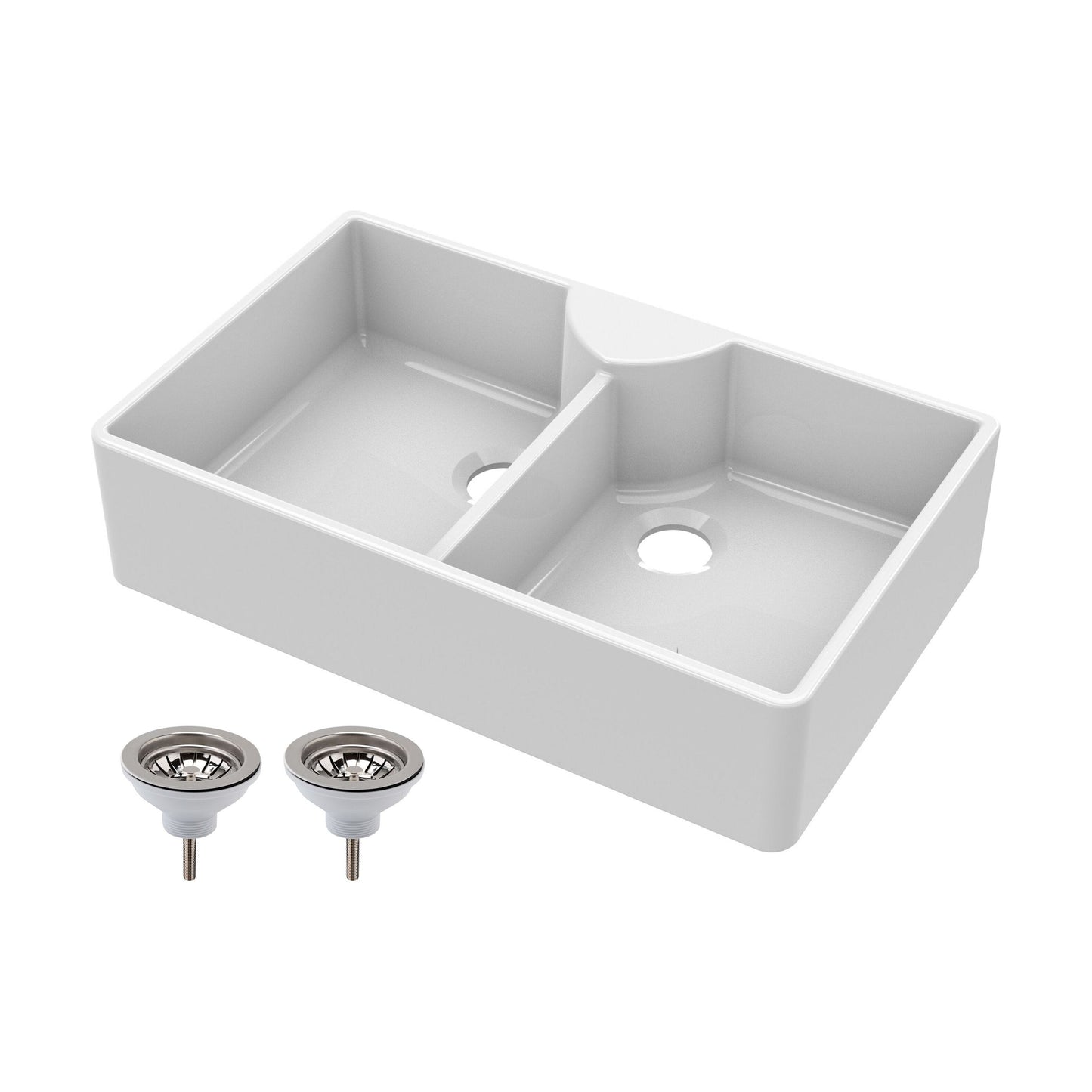 [BKS215W] Traditional Double Bowl Fireclay Ceramic Butler Kitchen Sink with Stepped Weir & Tap Ledge and Chrome Basket Strainer Wastes - 895mm - Cutout