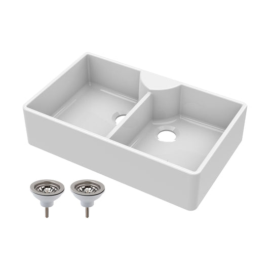 [BKS215W] Traditional Double Bowl Fireclay Ceramic Butler Kitchen Sink with Stepped Weir & Tap Ledge and Chrome Basket Strainer Wastes - 895mm - Cutout