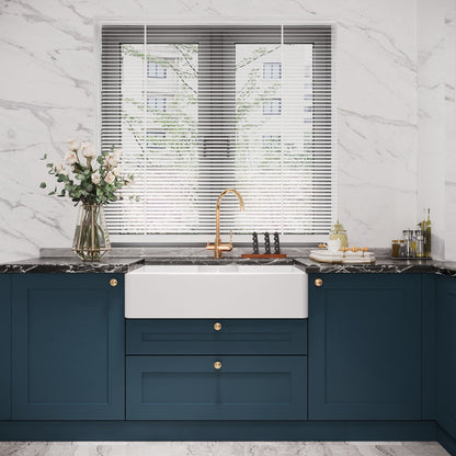 [BKS215W] Traditional Double Bowl Fireclay Ceramic Butler Kitchen Sink with Stepped Weir & Tap Ledge and Chrome Basket Strainer Wastes - 895mm - Lifestyle 1