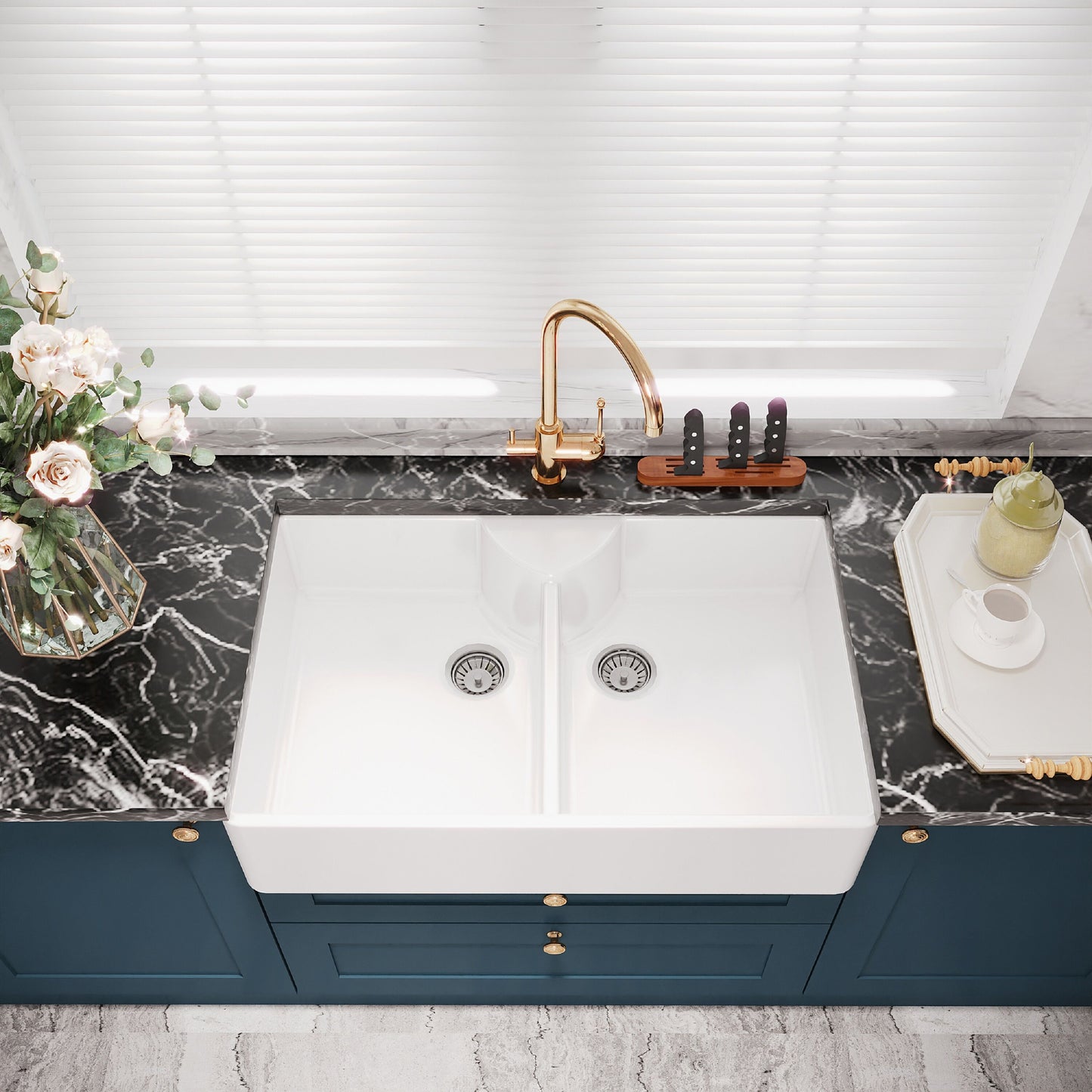 [BKS215W] Traditional Double Bowl Fireclay Ceramic Butler Kitchen Sink with Stepped Weir & Tap Ledge and Chrome Basket Strainer Wastes - 895mm - Lifestyle 2